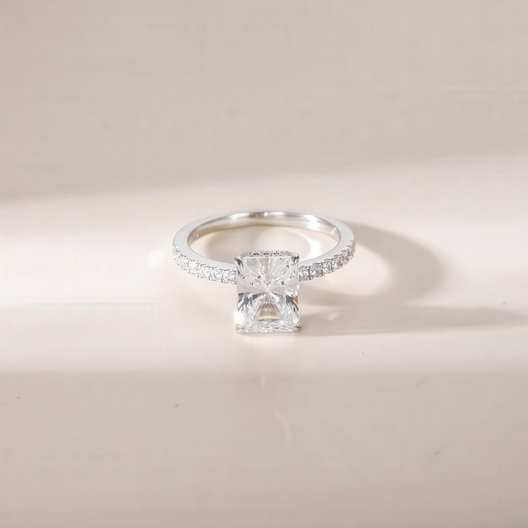 Side angle of solitaire ring showing clarity and brilliance of the premium zirconia stone.