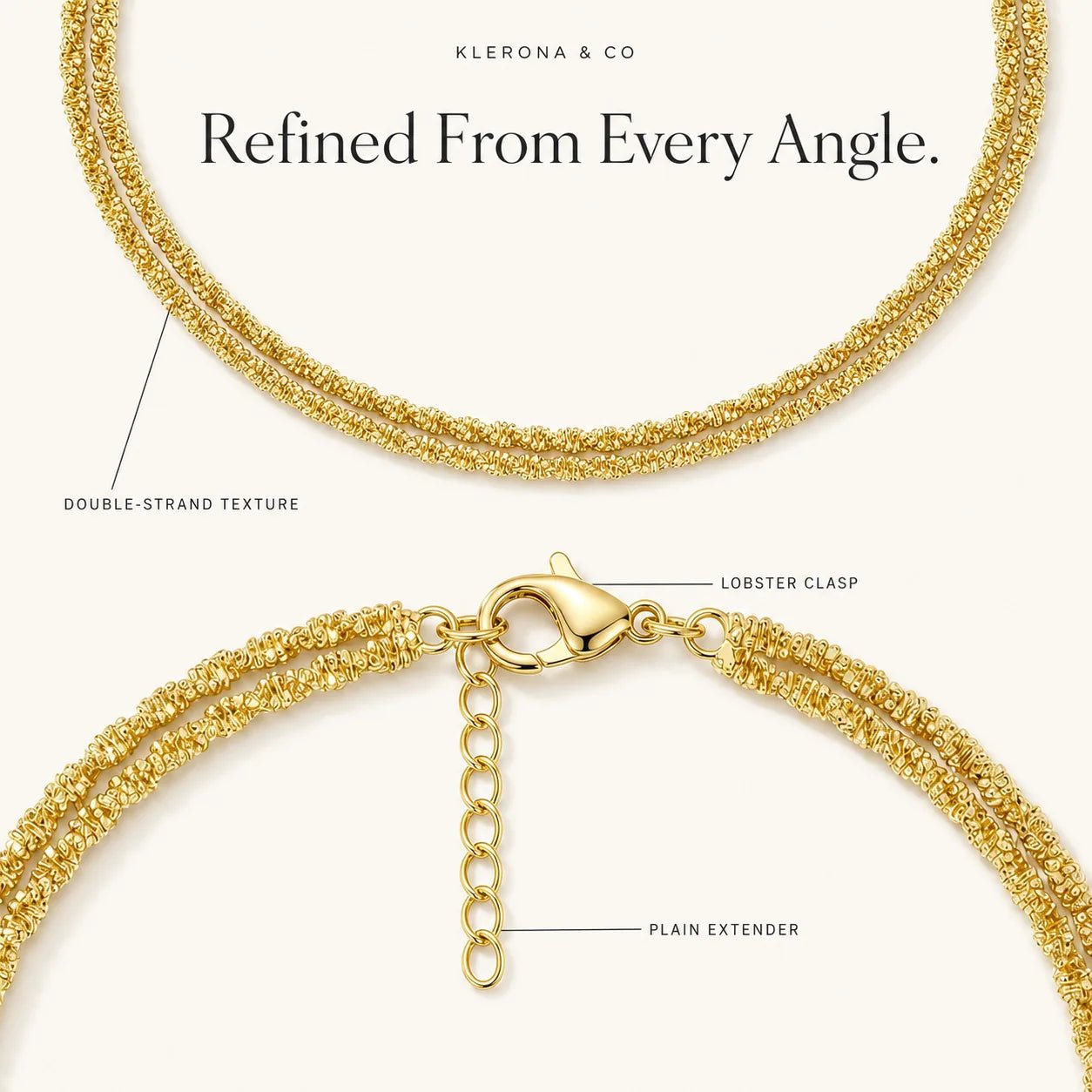 Close product details showing double-strand texture, lobster clasp, and extender chain