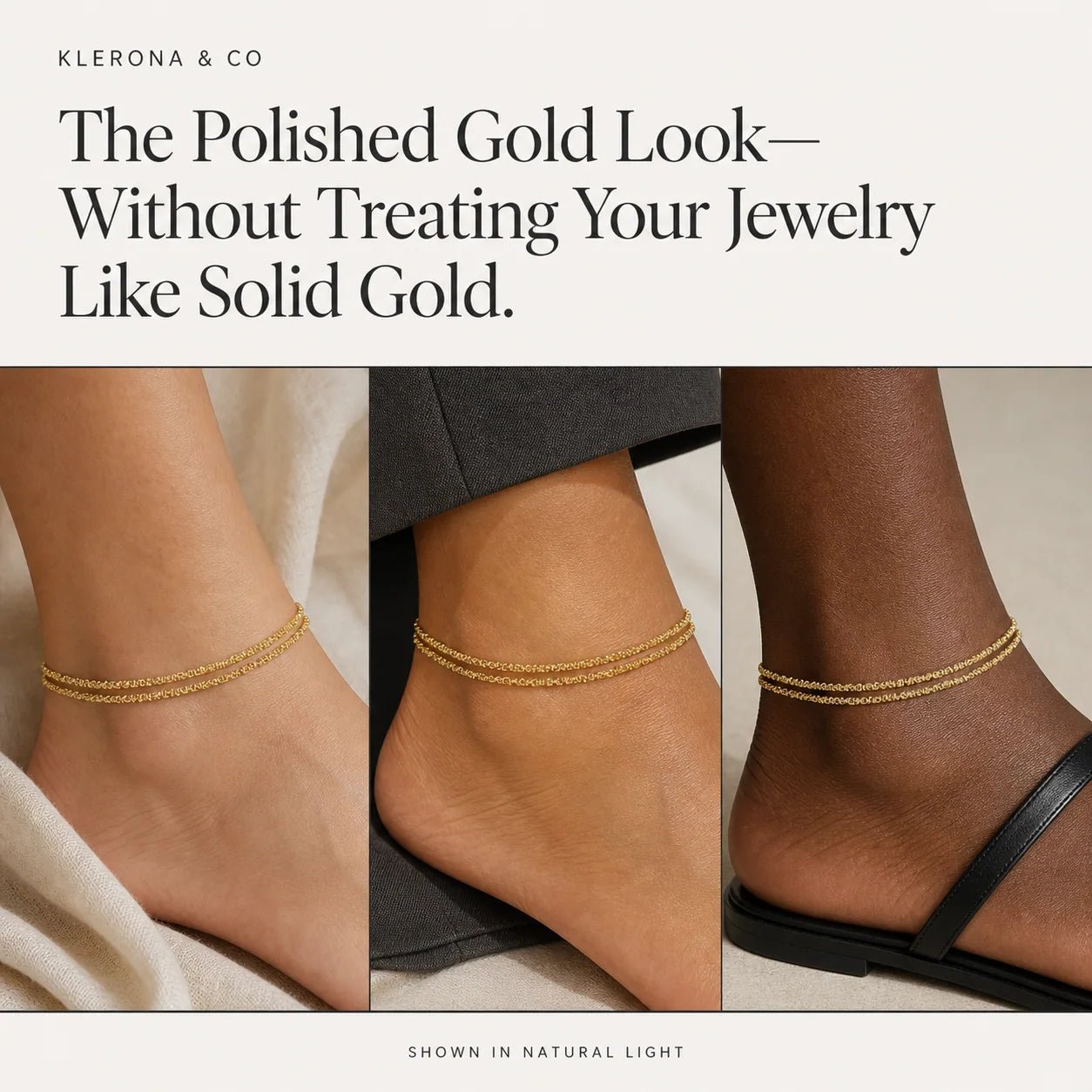 Gold-tone double-strand anklet shown across three adult skin tones in natural light