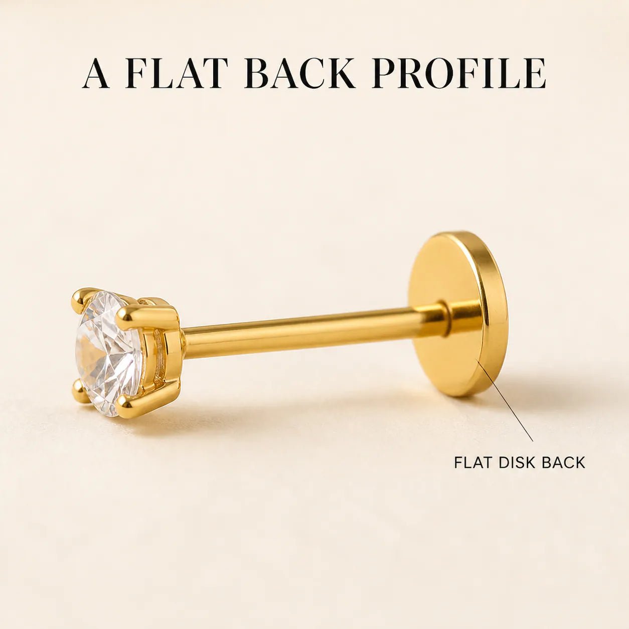Close-up of a gold-tone cubic zirconia stud showing the 6 mm post and flat screw-on disc backing