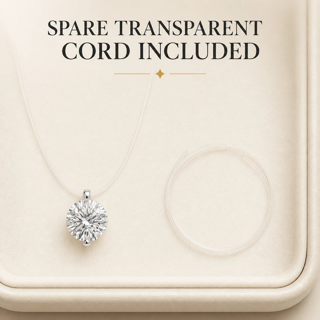 One Klerona floating necklace and one separate spare transparent cord