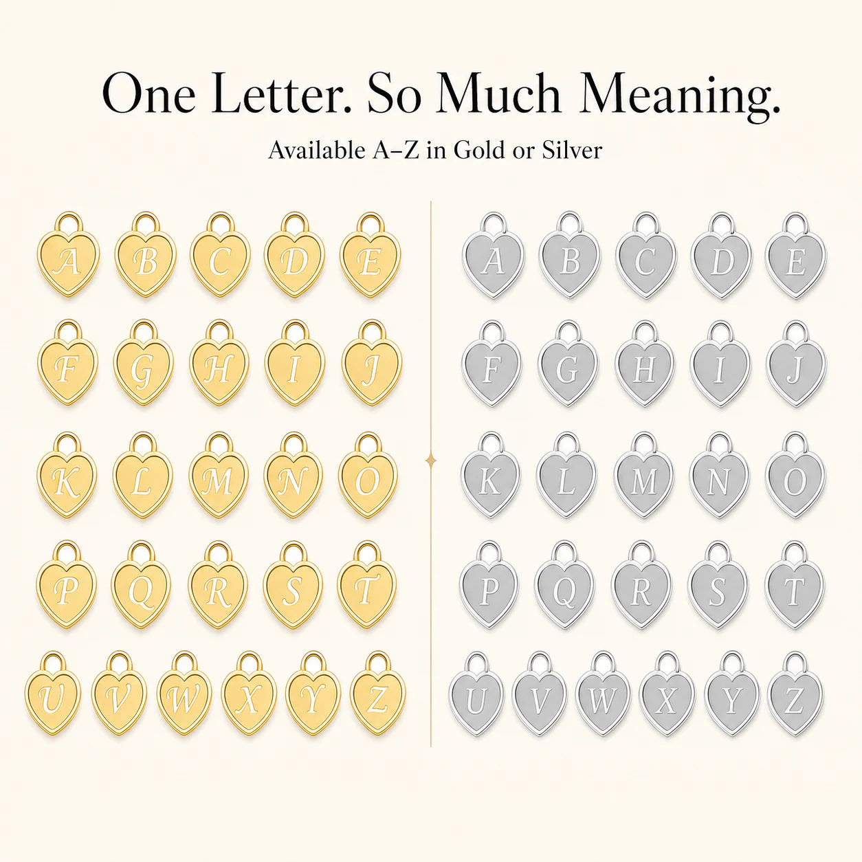 A through Z heart initial options shown in gold and silver