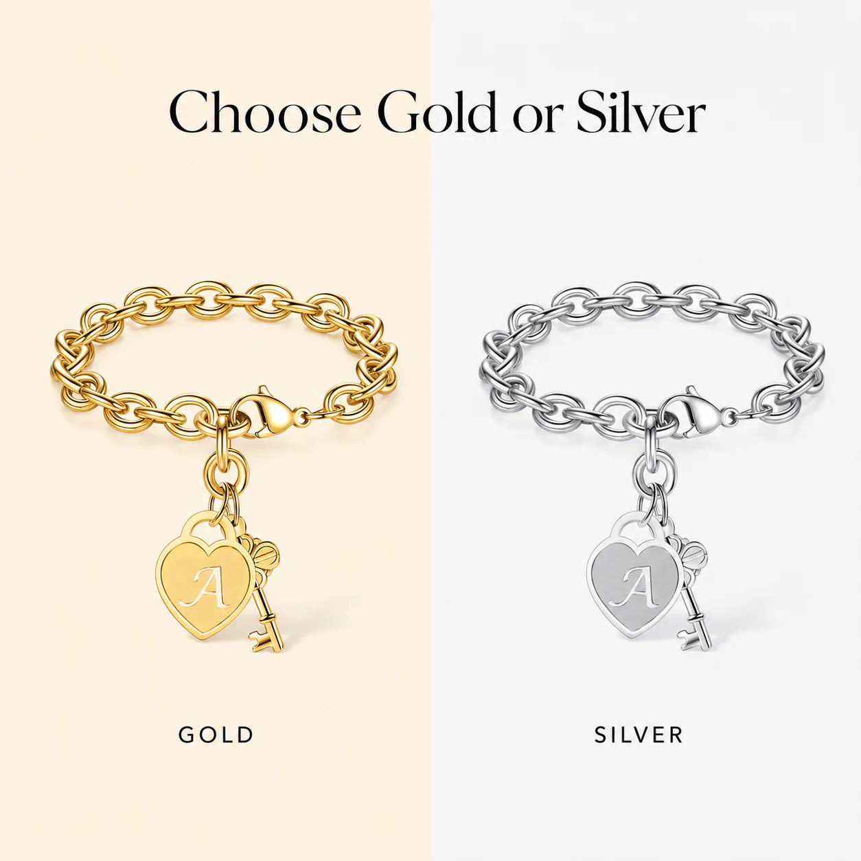 Gold and silver finish options for the heart initial key bracelet